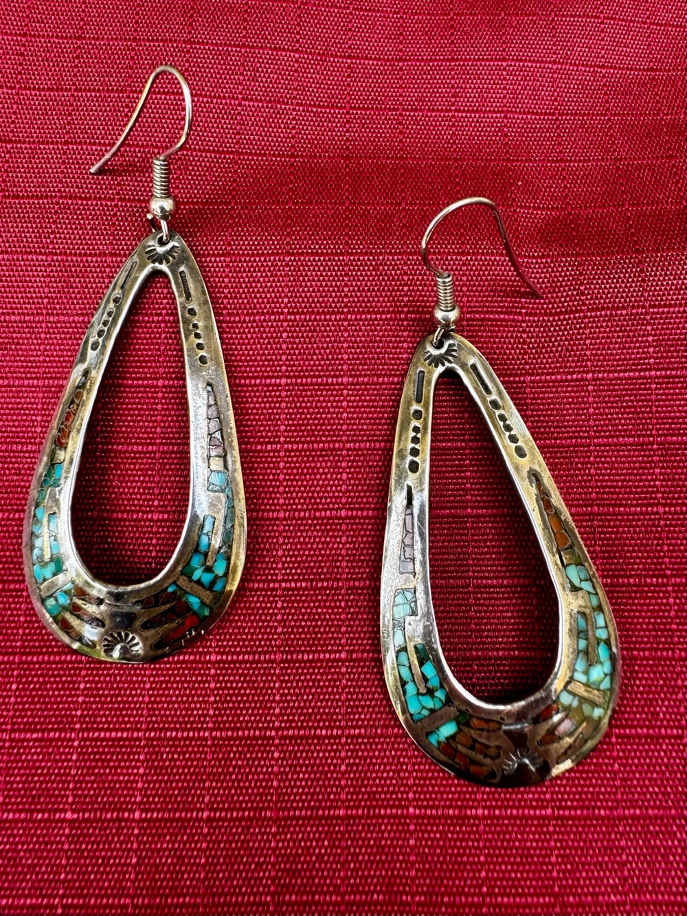 Turquoise Inlay Teardrop Dangle Earrings - Silver-Tone